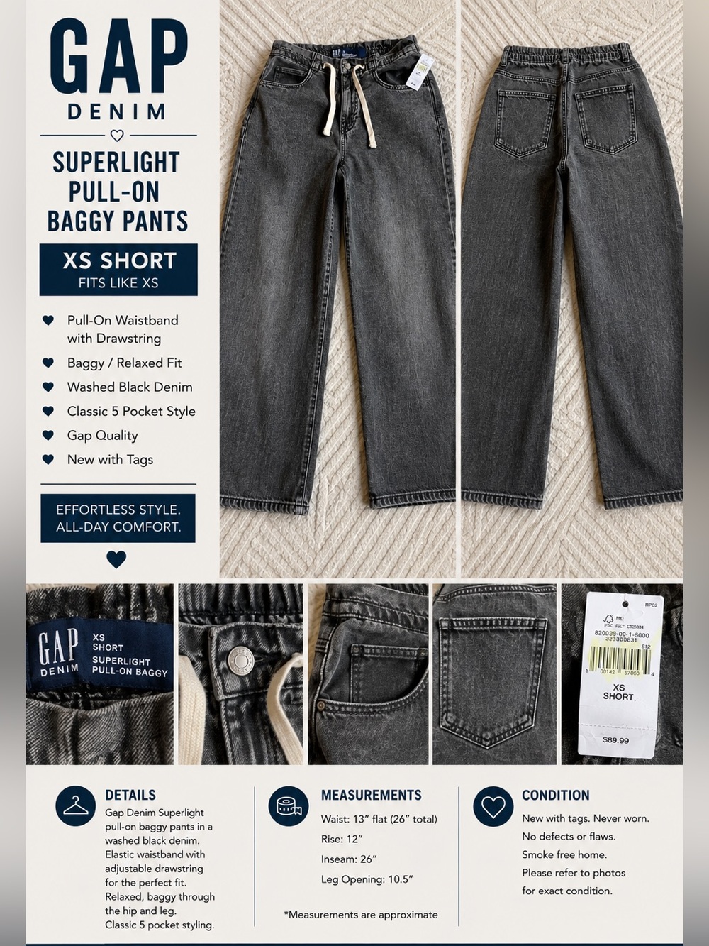 GAP Superlight Pull-On Baggy Jeans - Washed Black - XS Short